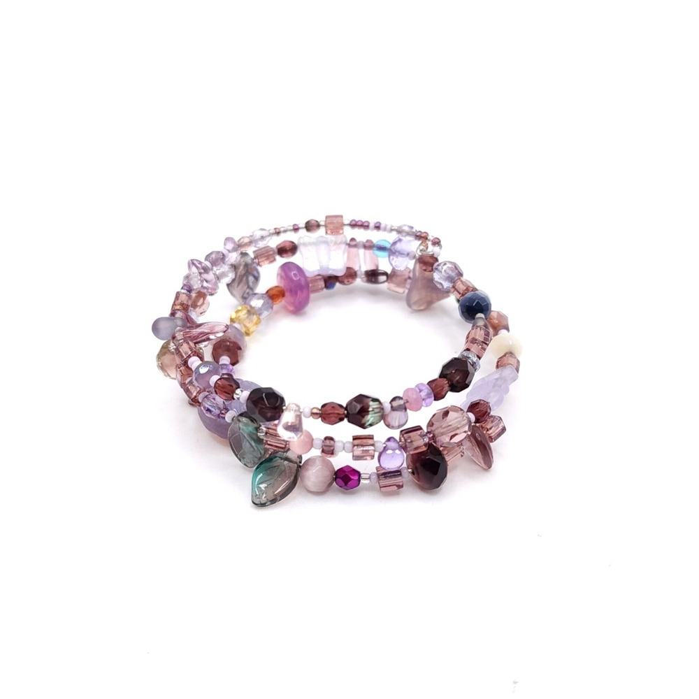 Handmade Purple Glass Bead Memory Wire Wrap Bracelet
